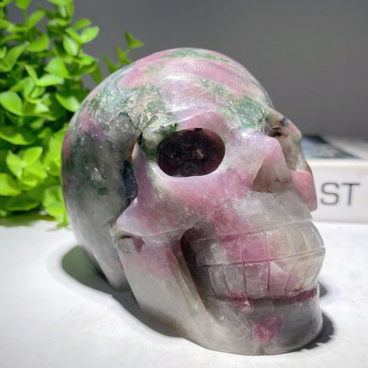 4.8" Unique Pink Green Tourmaline Skull Carving