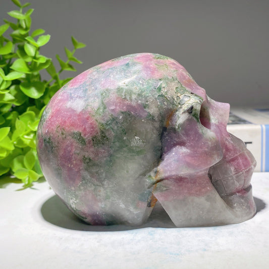 4.8" Unique Pink Green Tourmaline Skull Carving