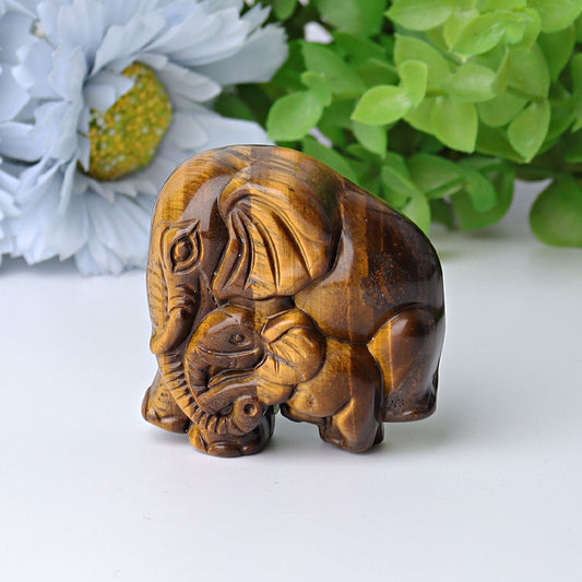 1.8" Yellow Tiger's Eye Elephant Baby & Mother Crystal Carvings Wholesale Crystals