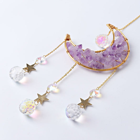 Amethyst Moon Suncatcher with Golden Rim Glass Diamond Hanging Ornament Wholesale Crystals