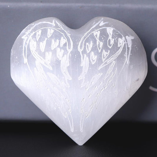1.5" Selenite Heart Palm Stone with Laser Engraving Pattern Wholesale Crystals