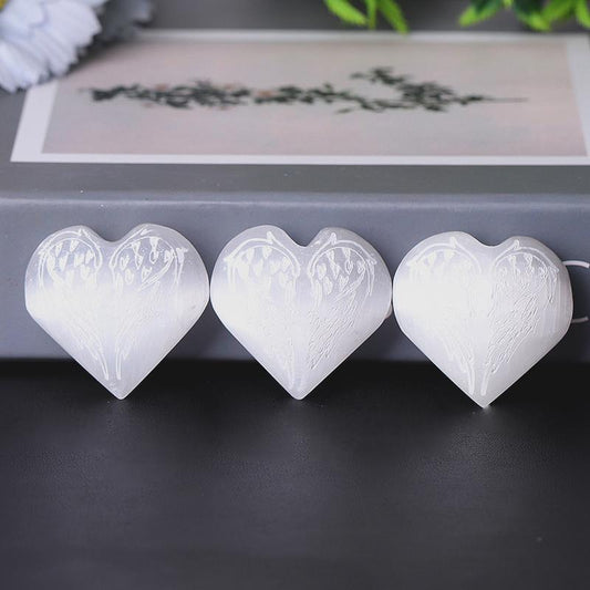 1.5" Selenite Heart Palm Stone with Laser Engraving Pattern Wholesale Crystals