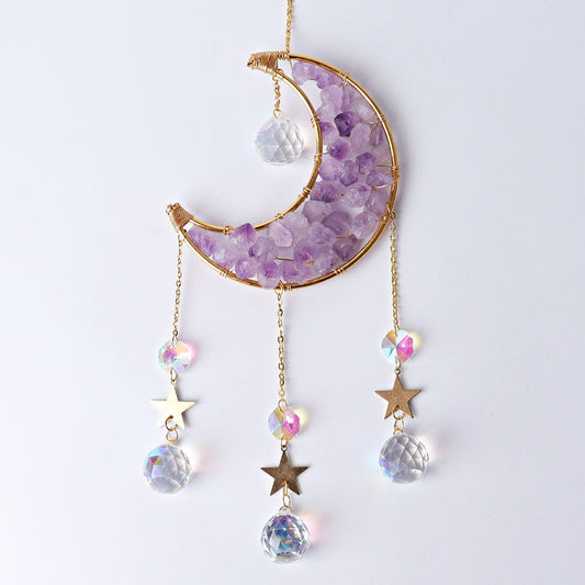 Amethyst Moon Suncatcher with Golden Rim Glass Diamond Hanging Ornament Wholesale Crystals