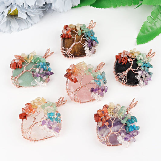 2" Chakra Tree of Life Wire Wrapped Heart Pendant Wholesale Crystals