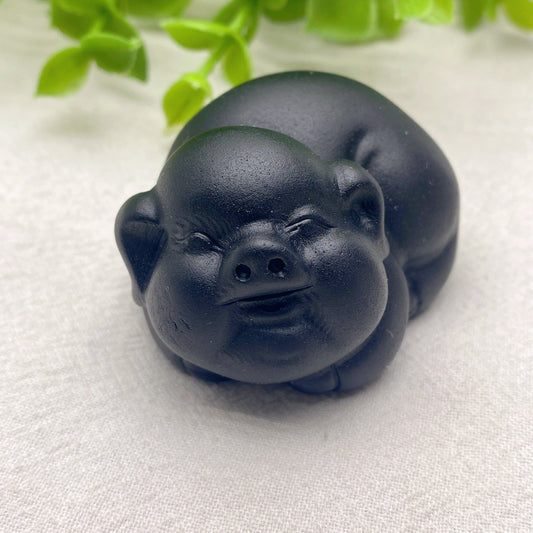 2.1" Black Obsidian Pig Crystal Carvings Bulk Wholesale