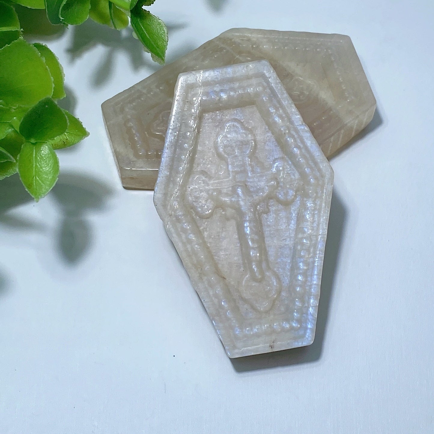 2.27" Peach Moonstone Coffin Carvings Bulk Wholesale