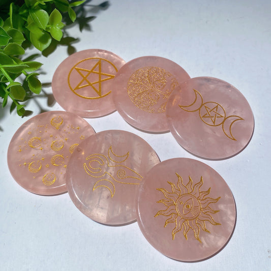 2.15" Rose Quartz Round Slab with Chakra Printing Bulk Wholesale