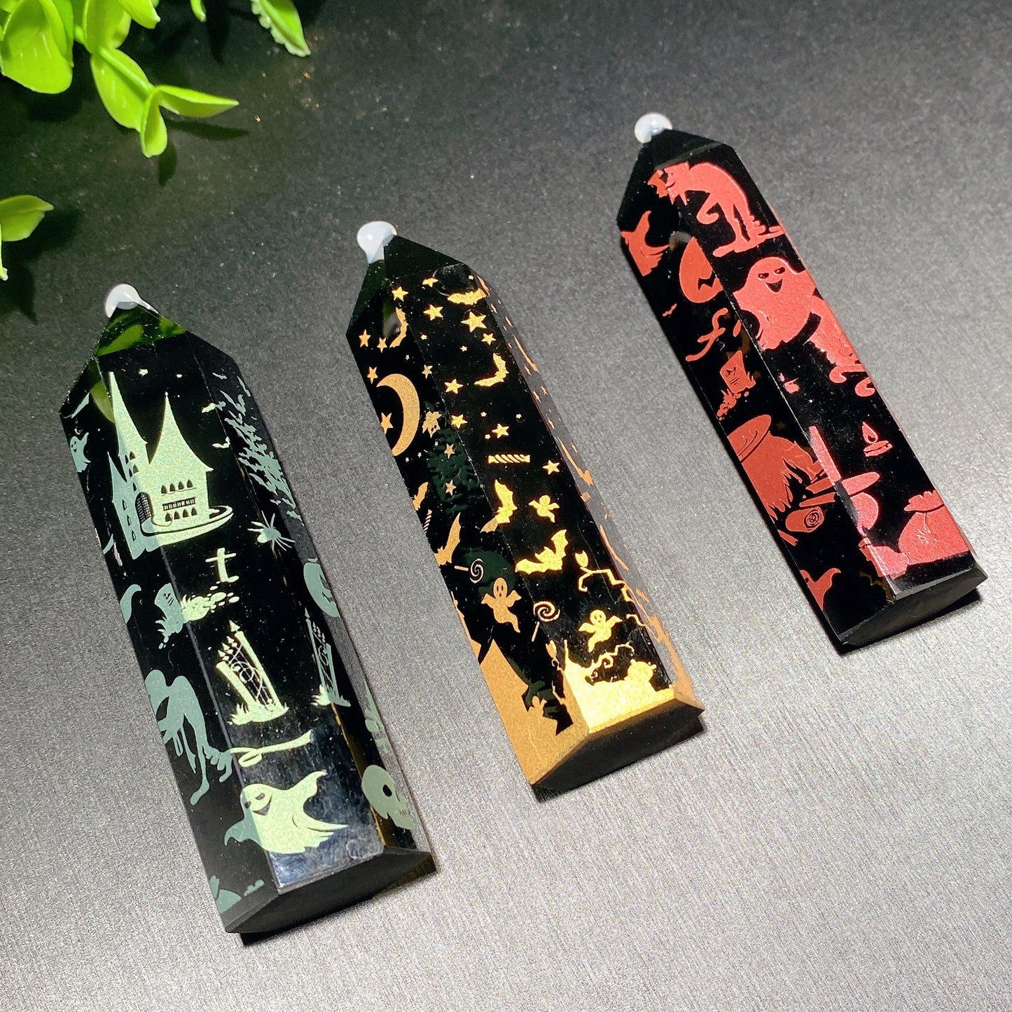 3.3"-3.5" Black Obsidian Point with Halloween Printing Bulk Wholesale