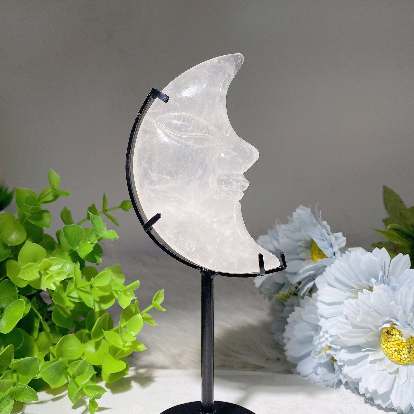 3.5"-4.0" Clear Quartz Moon Face Carvings with Stand Bulk Wholesale