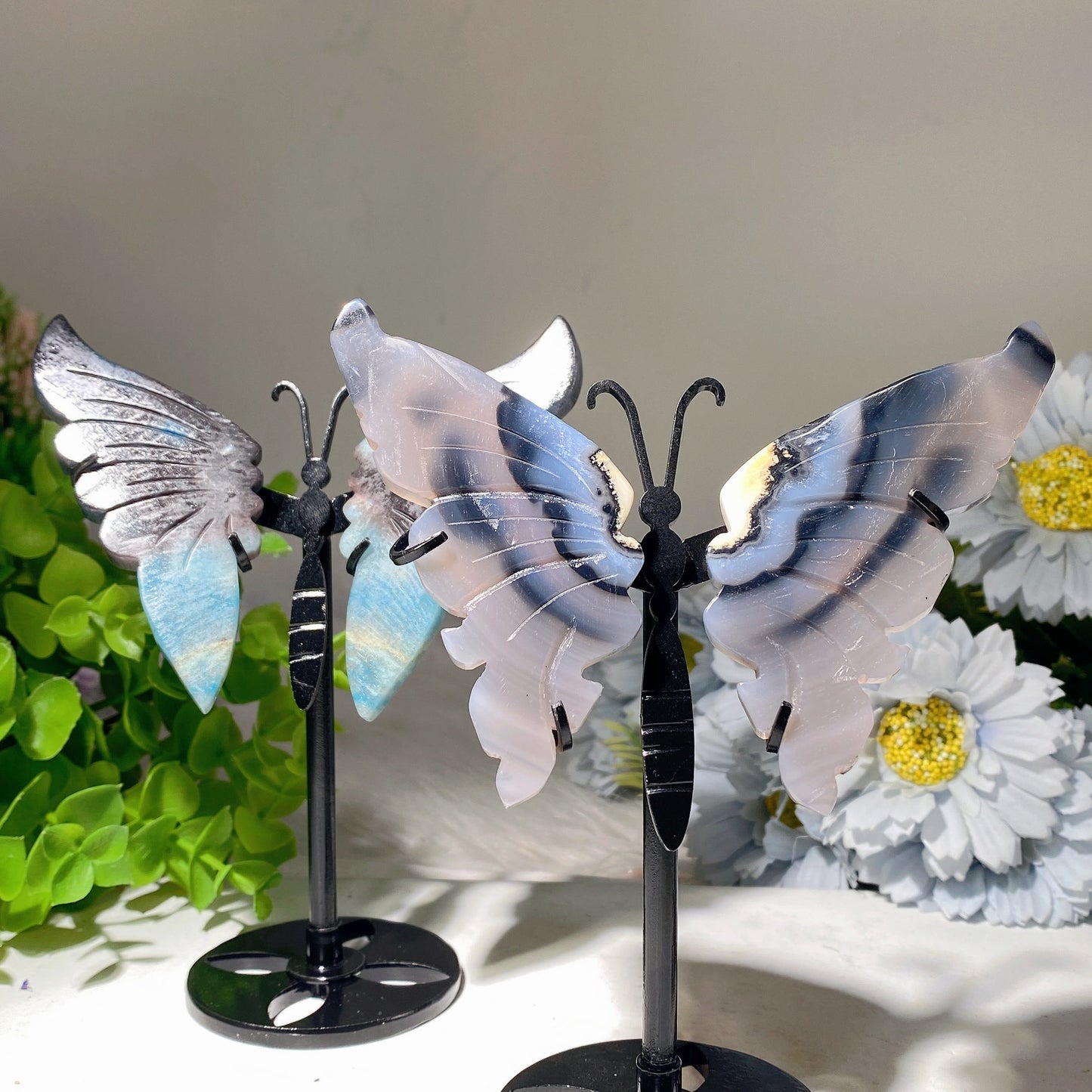 3.5" Black Agate Trolleite Butterfly Wings Carving with Stand Bulk Wholesale