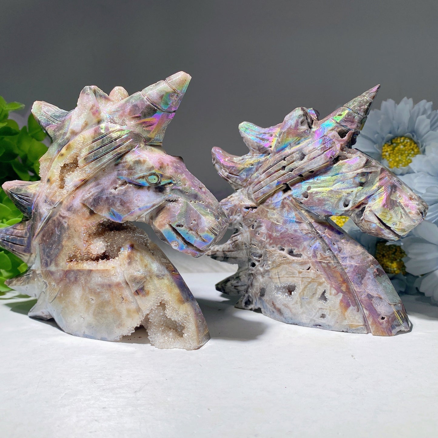 5.0" Aura Druzy Zinc Unicorn Carvings Bulk Wholesale