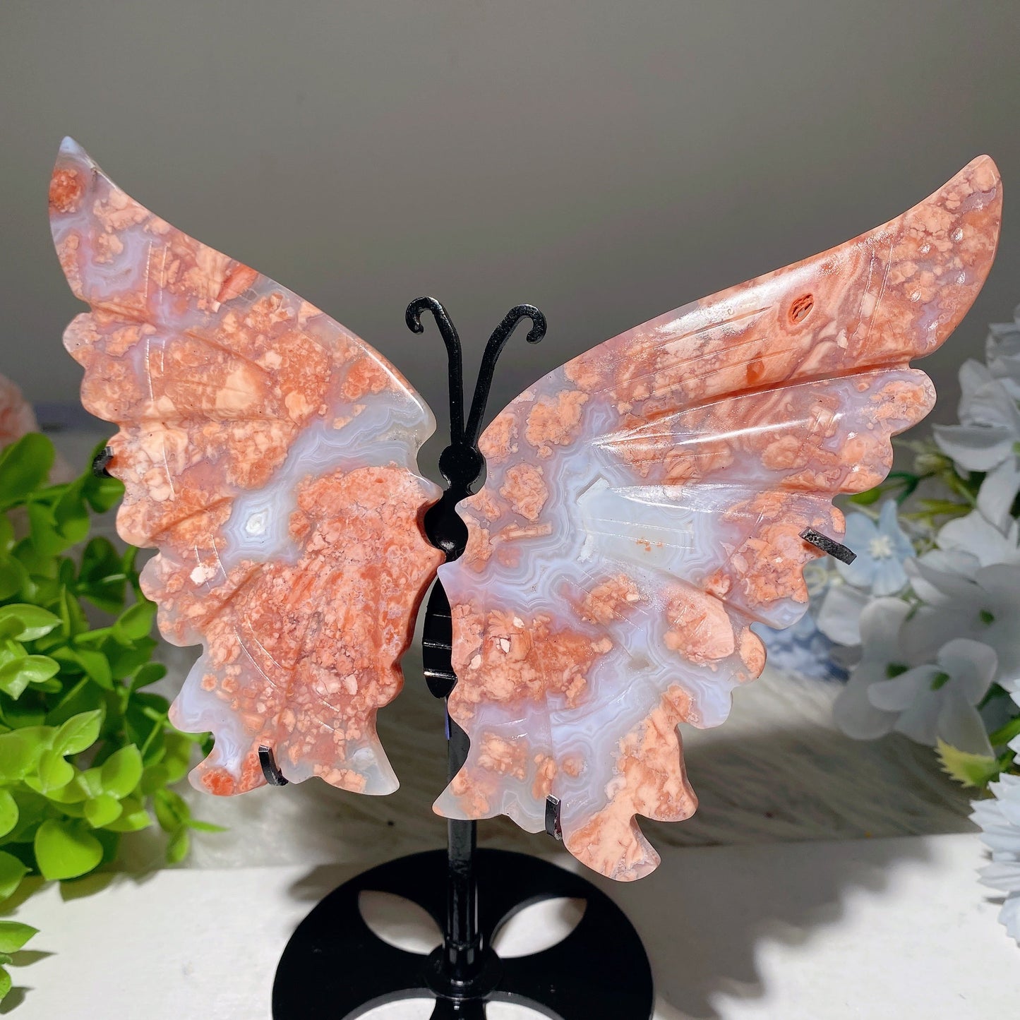 Pink Flower Agate Butterfly Unicorn Wings Carvings with Stand Bulk Wholesale