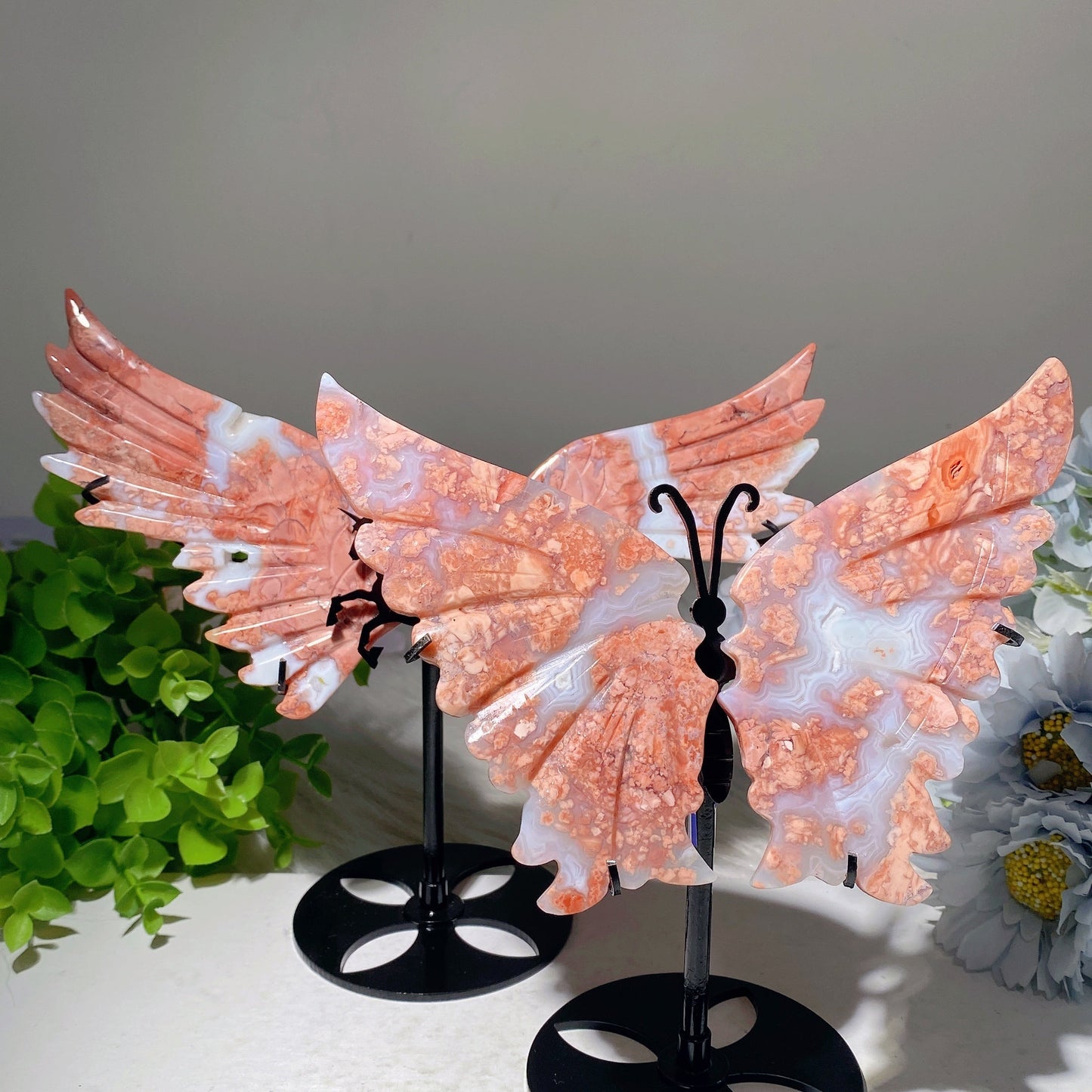 Pink Flower Agate Butterfly Unicorn Wings Carvings with Stand Bulk Wholesale