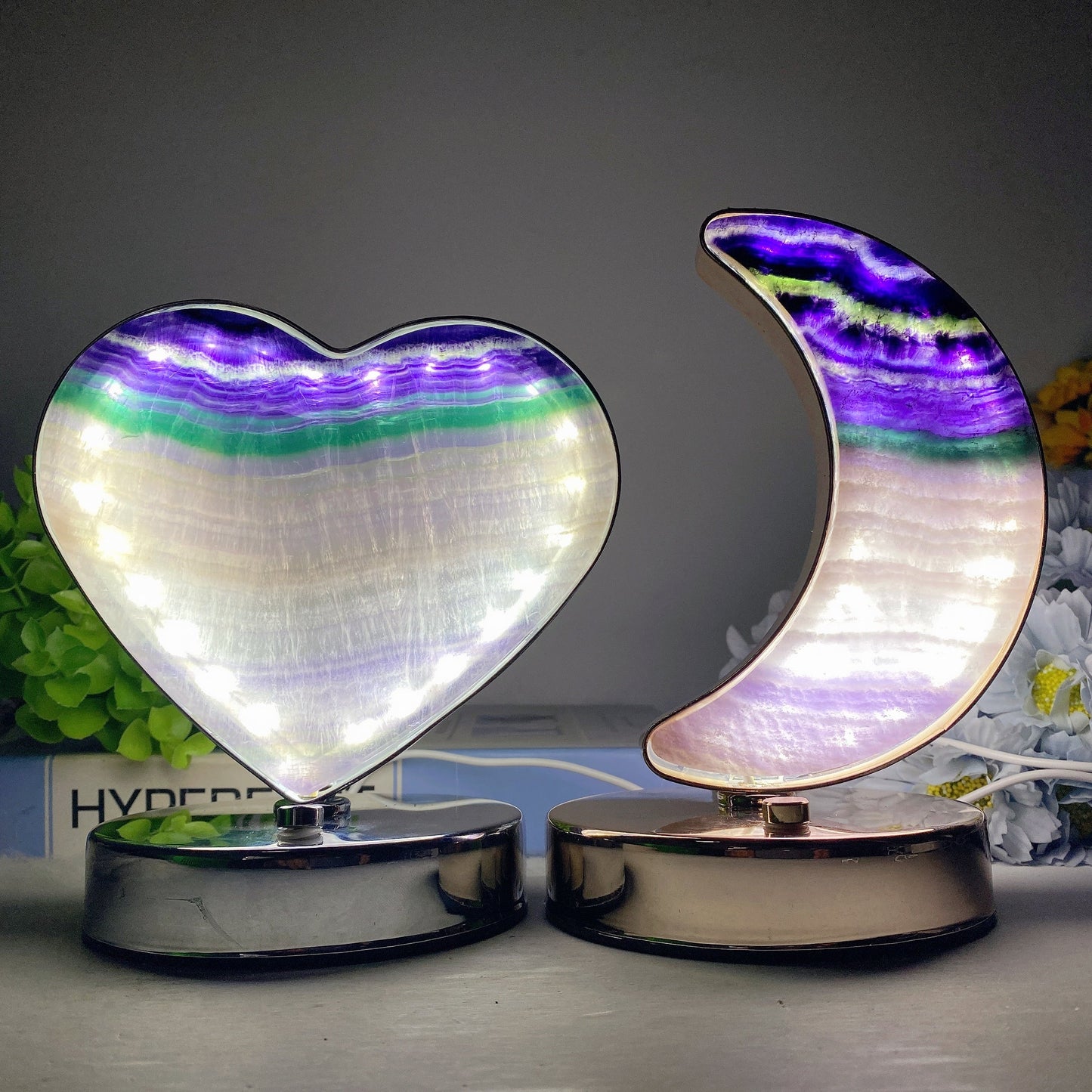 Moss Agate Fluorite Heart Moon Shape Lamp with USB Free Form Bulk Wholesale