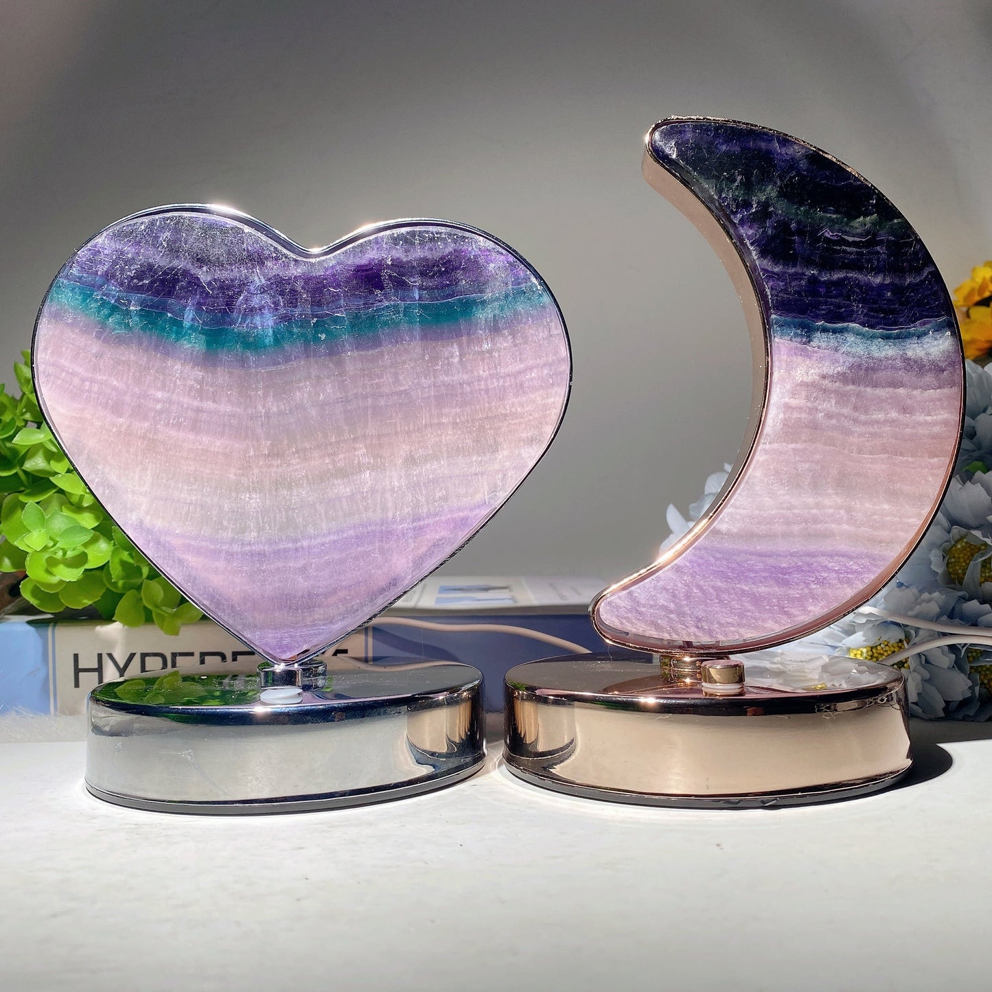 Moss Agate Fluorite Heart Moon Shape Lamp with USB Free Form Bulk Wholesale