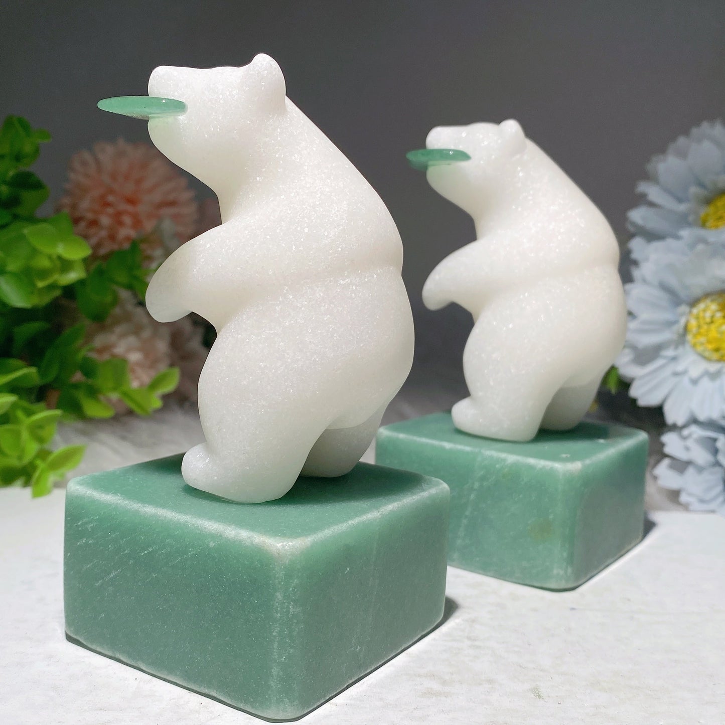 4.4" White Jade Polar Bear with Green Aventurine Base Carvings Bulk Wholesale