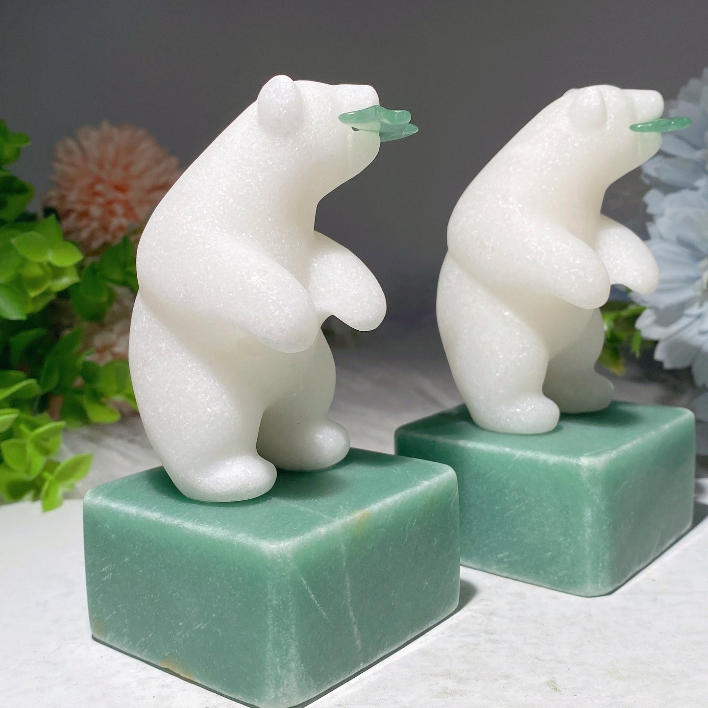 4.4" White Jade Polar Bear with Green Aventurine Base Carvings Bulk Wholesale