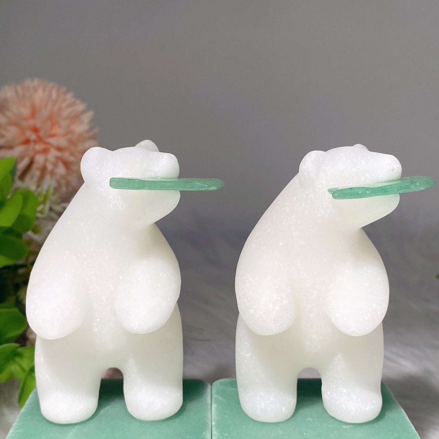 4.4" White Jade Polar Bear with Green Aventurine Base Carvings Bulk Wholesale