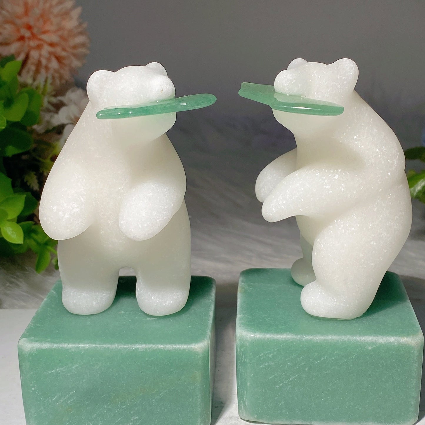 4.4" White Jade Polar Bear with Green Aventurine Base Carvings Bulk Wholesale