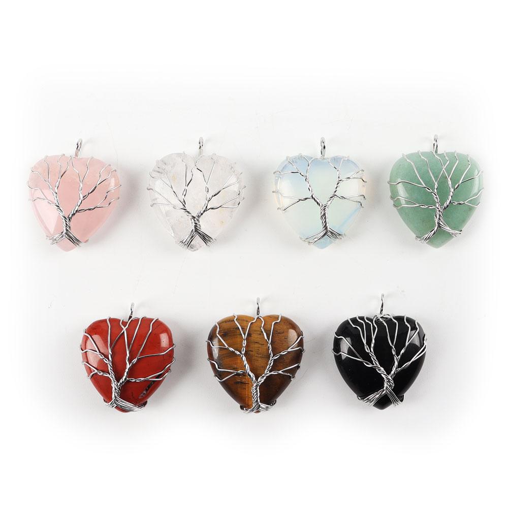 Silver Tree Of Life Wire Wrapped Heart Shape Stone Pendant Wholesale Crystals