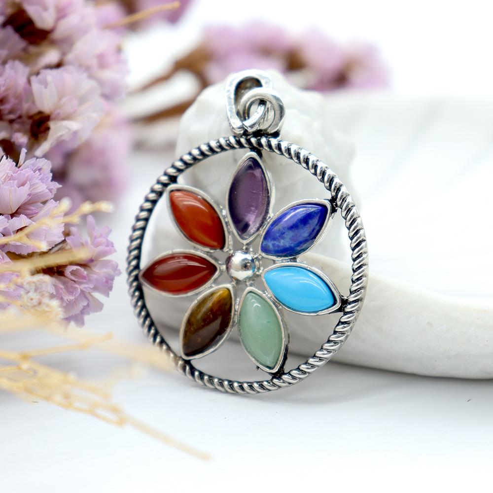 Stainless Steel Vintage Gothic Buddhist Tibetan Lotus 7 Chakra Gemstone Pendant Wholesale Crystals