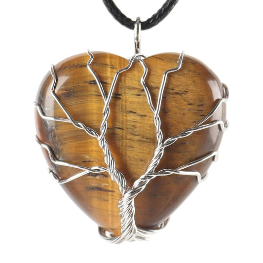 Silver Tree Of Life Wire Wrapped Heart Shape Stone Pendant Wholesale Crystals