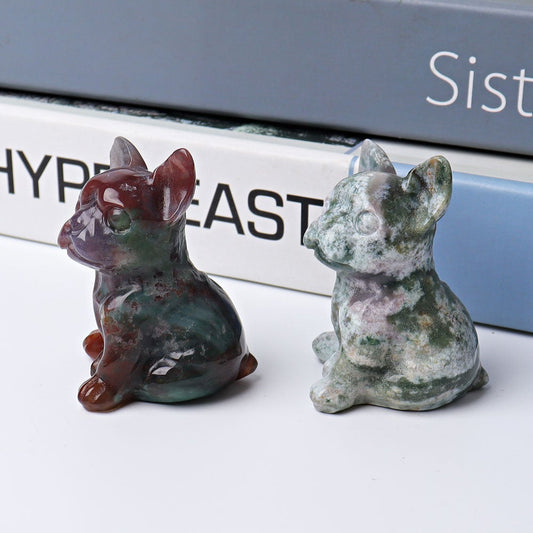 2.3" Moss Agate Bull Dog Crystal Carvings Wholesale Crystals