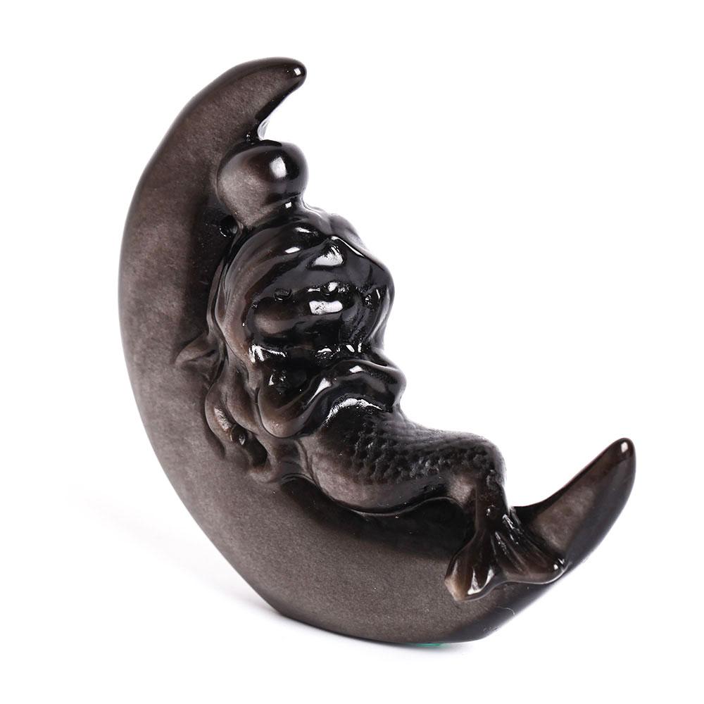 Silver Obsidian Moon with Mermaid Carving Decor Wholesale Crystals