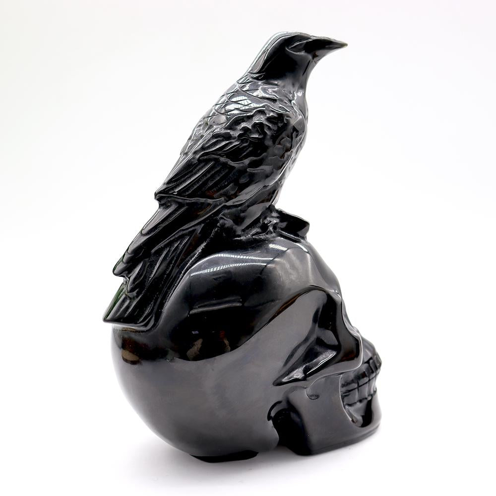 Black Obsidian Skull with Crow - Skull Carving, Obsidian Skull Wholesale Crystals