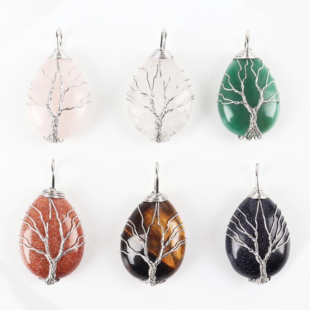 Teardrop Shape Crystal Stone Wire Wrapped Copper Tree of Life Chakra Pendant Wholesale Crystals