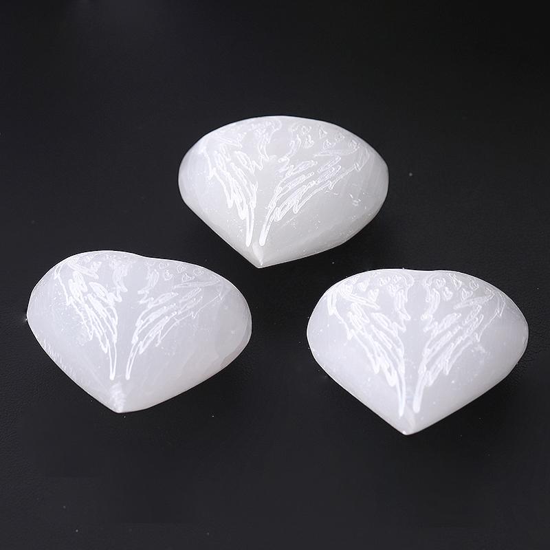 1.5" Selenite Heart Palm Stone with Laser Engraving Pattern Wholesale Crystals