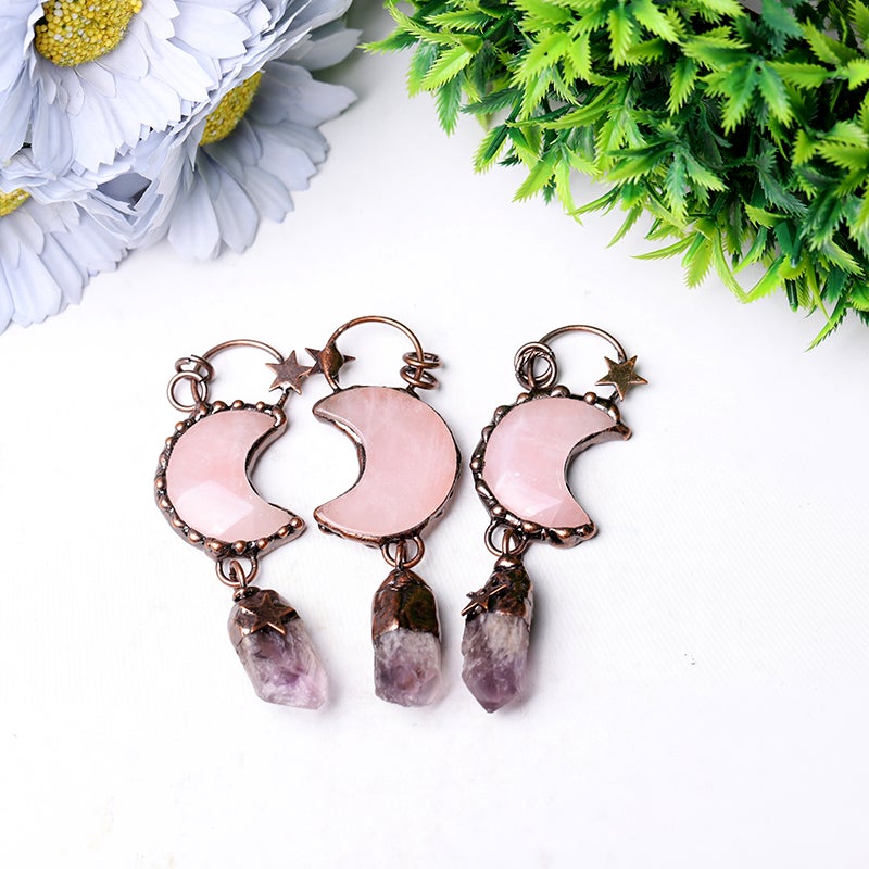 3.7" Rose Moon Amethyst Pendant Key Chain DIY Wholesale Crystals