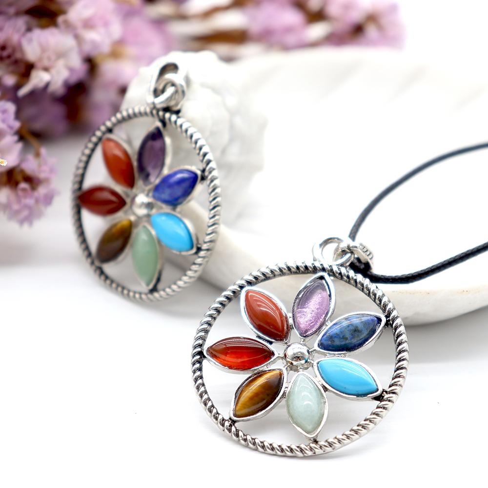 Stainless Steel Vintage Gothic Buddhist Tibetan Lotus 7 Chakra Gemstone Pendant Wholesale Crystals