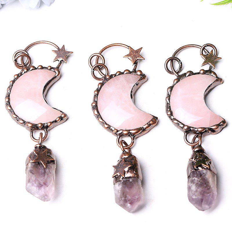 3.7" Rose Moon Amethyst Pendant Key Chain DIY Wholesale Crystals