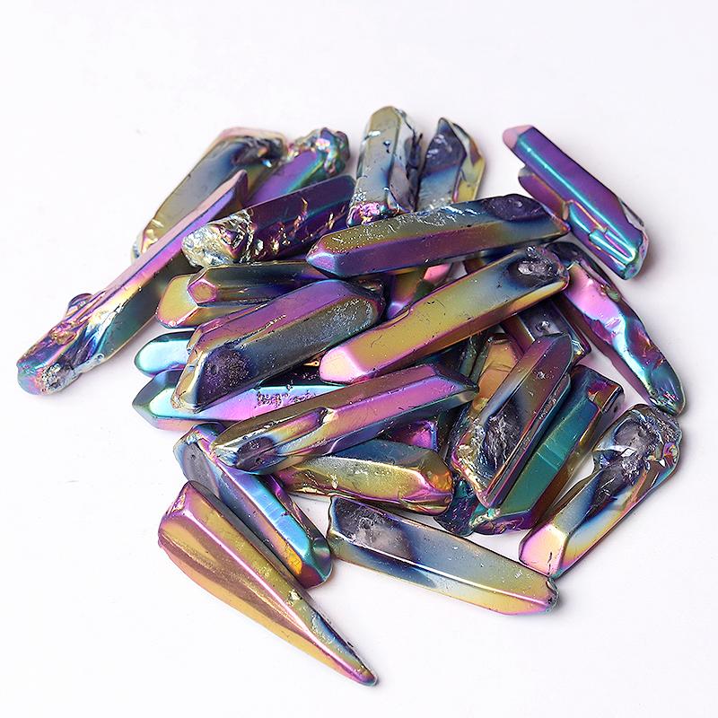 Drilled Titanium Aura Quartz Crystal Points Raw Rough Clear Rock Quartz Sticks Wholesale Crystals