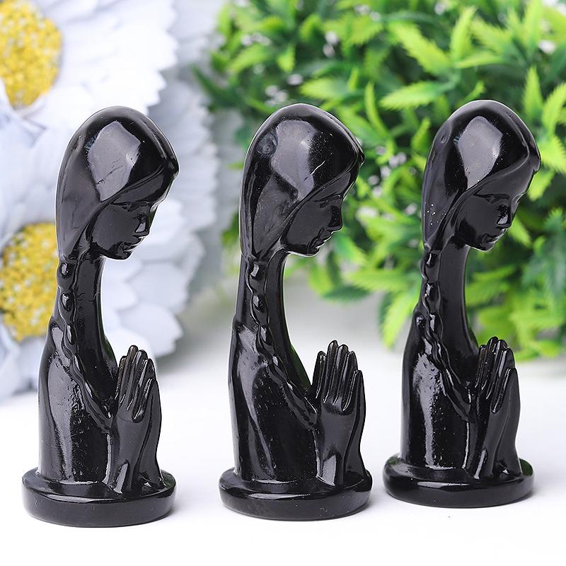 3" Black Obsidian Pray Woman Crystal Carvings Wholesale Crystals