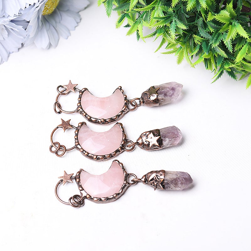 3.7" Rose Moon Amethyst Pendant Key Chain DIY Wholesale Crystals