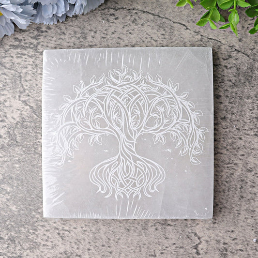 6" Square Selenite Coaster with Life Tree Printing Wholesale Crystals