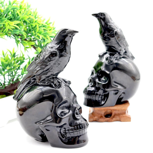 Black Obsidian Skull with Crow - Skull Carving, Obsidian Skull Wholesale Crystals