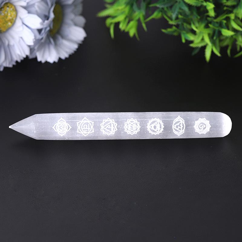 6" White Selenite Wand with Laser Engraved Chakra Pattern Wholesale Crystals