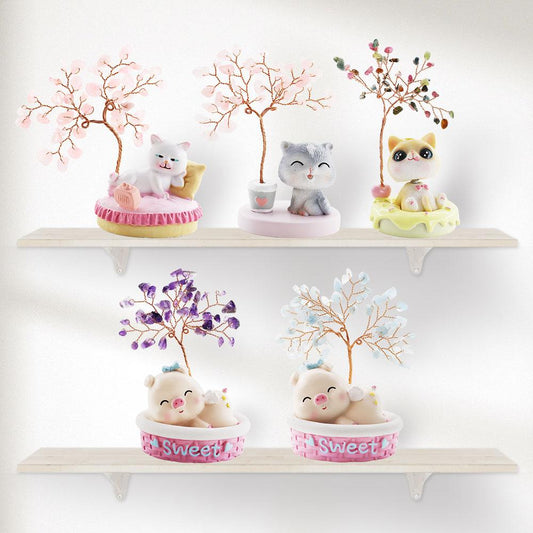 Wealth and Luck Crystal Money Tree with Cute Resin Little Cat  for Home Decor Wholesale Crystals