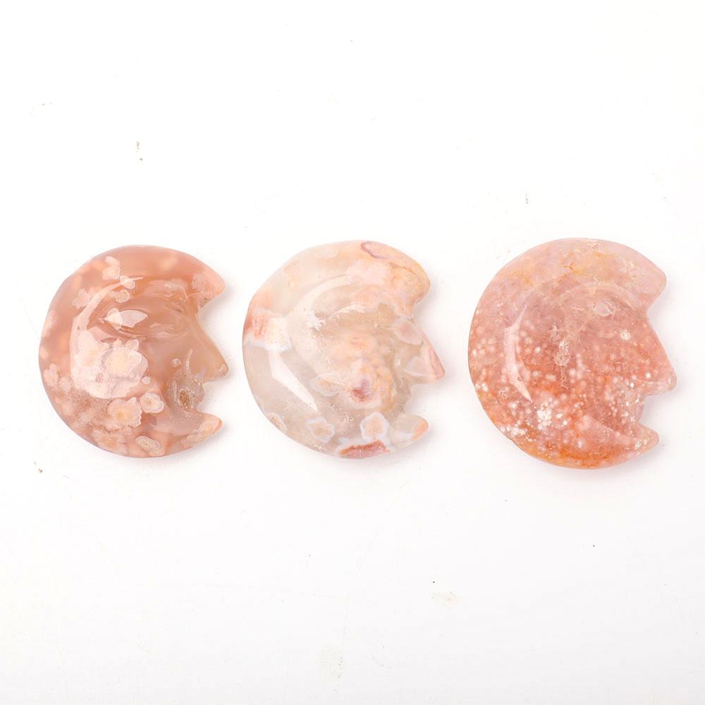 Set of 3 Flower Agate Moon Shape Carvings Wholesale Crystals