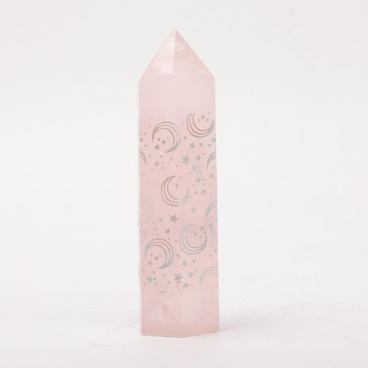 Rose Quartz Point with Laser Engraved Pattern Wholesale Crystals