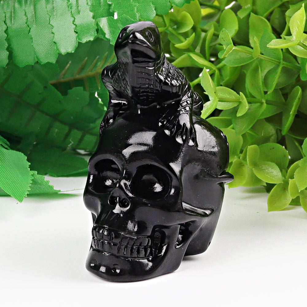 2.8" Black Obsidian Skull with Lizard Decoration Carvings Wholesale Crystals