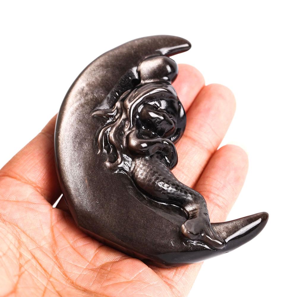 Silver Obsidian Moon with Mermaid Carving Decor Wholesale Crystals