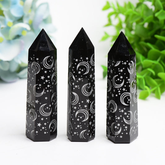 3.0"-3.5" Black Obsidian Crystal Point with Silver Moon Star Printing Bulk Wholesale  Wholesale Crystals