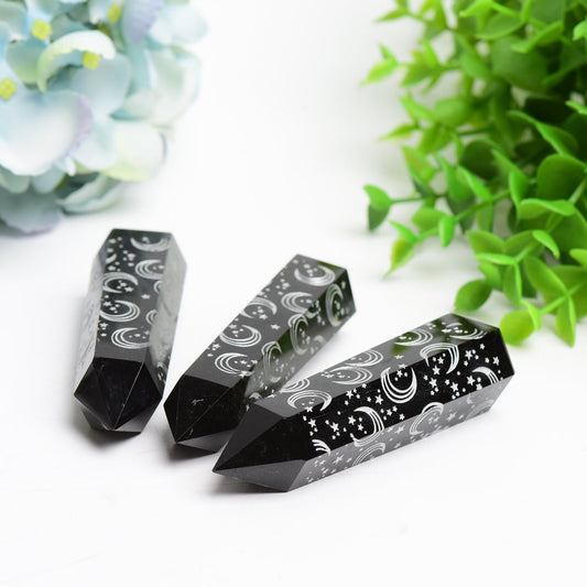 3.0"-3.5" Black Obsidian Crystal Point with Silver Moon Star Printing Bulk Wholesale  Wholesale Crystals