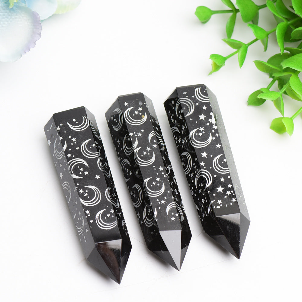 3.0"-3.5" Black Obsidian Crystal Point with Silver Moon Star Printing Bulk Wholesale  Wholesale Crystals