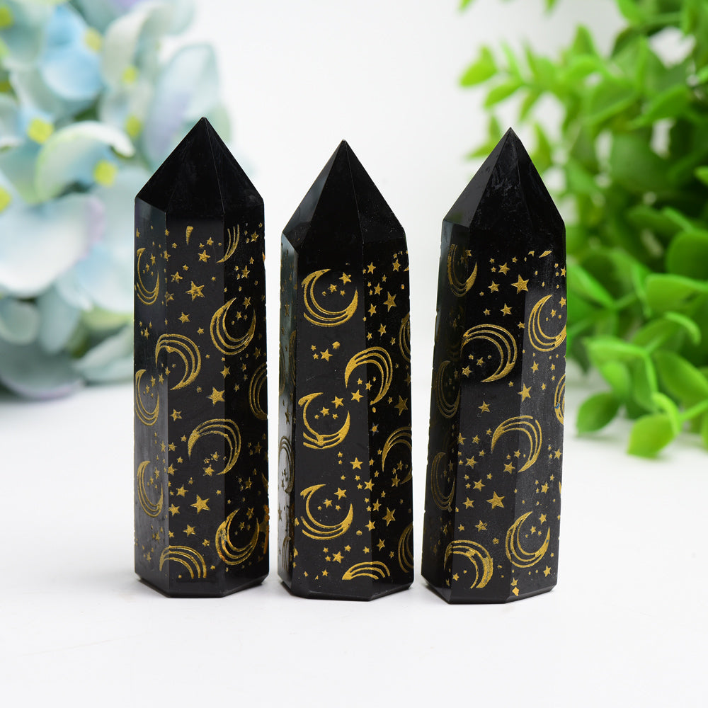 3.0"-3.5" Black Obsidian Crystal Point with Golden Moon Star Printing Bulk Wholesale  Wholesale Crystals