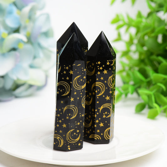 3.0"-3.5" Black Obsidian Crystal Point with Golden Moon Star Printing Bulk Wholesale  Wholesale Crystals